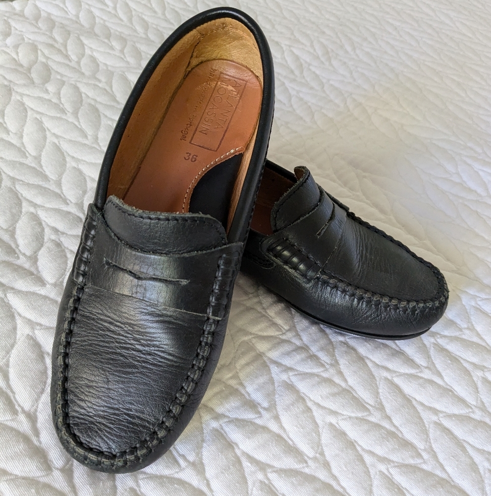 Kids Atlanta Moccasin black leather slip on loafer shoes size 36 (kids 4)